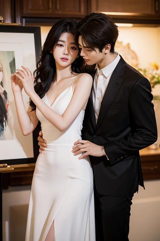 highest quallity、work of art、high sensitivity、high resolution、Detailed Description、slender women、Korean features、The man and woman embracing.、Lift with both hands、Amemos