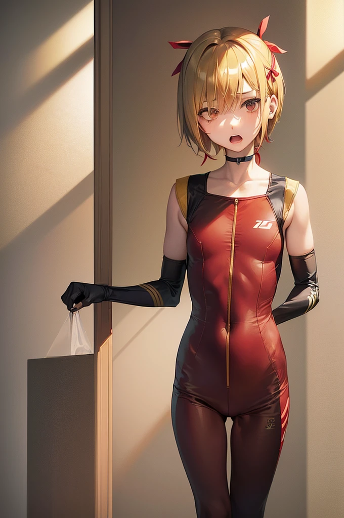 masterpiece, best quality,anime style, 1 girl,(((slender body))), (((small eyes))),(((athlete suit,red hair ribbon))), (beautiful face), (((short hair))), (((straight hair))), ((((blonde hair)))),detailed beautiful skin, (perfect hands, perfect anatomy),scream