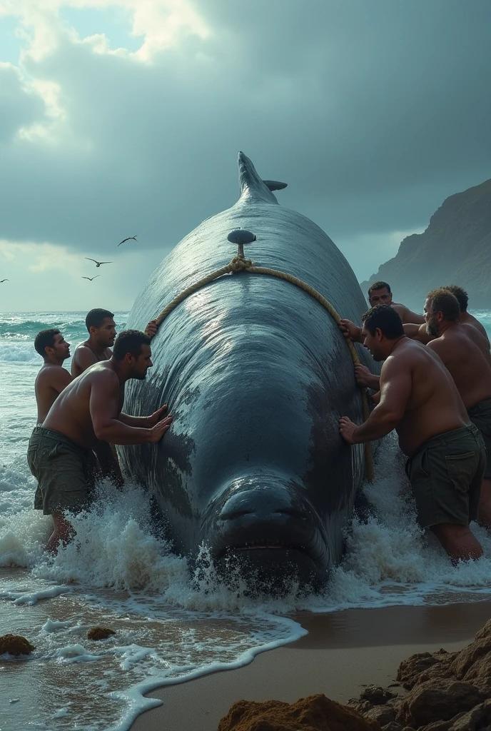 Image of people using a rope to pull a whale