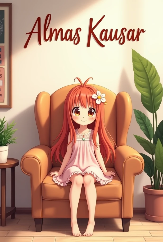 A cute anime girl sitting in a big chair and behind the wall written "Almas Kausar"