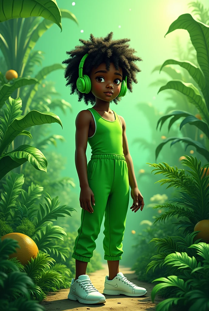 with dark skin curly hair green jumpsuit white sneakers green headphones and green scenery