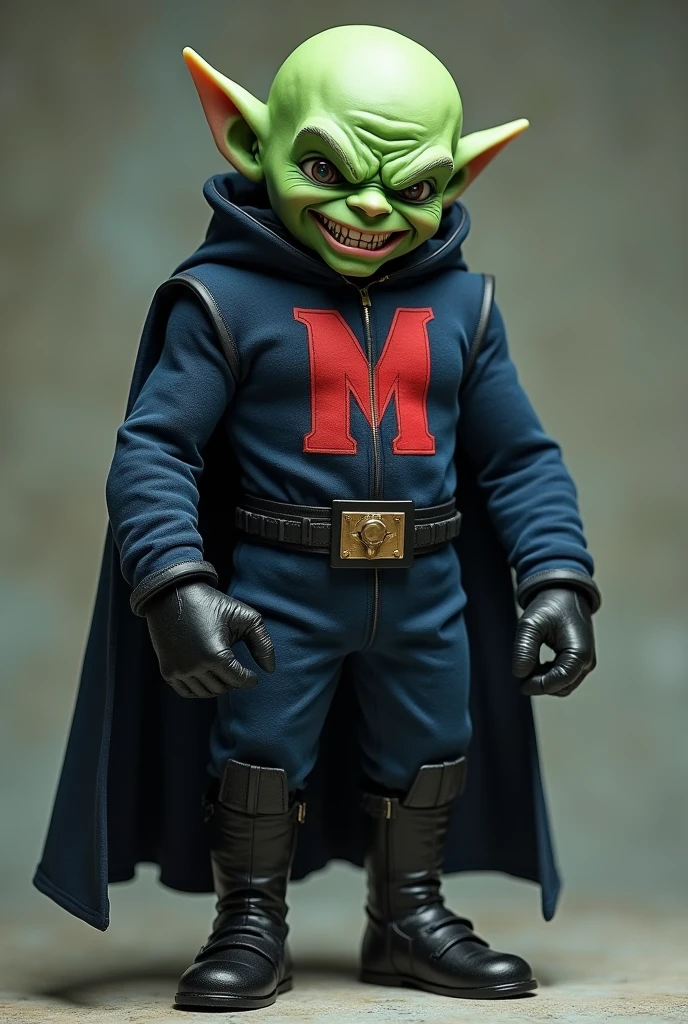 show Multox a super villain who is a small green man with sharp ears and a round bald head. he wears a navy blue uniform with a red 'M' on his chest, with black boots and black gloves. He stands with a hunched posture smiling at the camera.