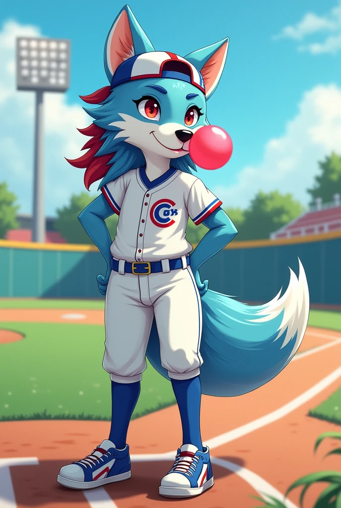 Create an image of a light blue and white anthropomorphic wolf who is wearing a baseball uniform. Make his butt look very big and make him stand in a baseball field. Give him long red and black hair that looks like an emo boy, and give him a baseball cap that's facing backwards. Make him blow a bubble with bubblegum, and make his tight white pants go up to his knees. Make him wear long blue socks, baseball cleats, and a tight baseball shirt.