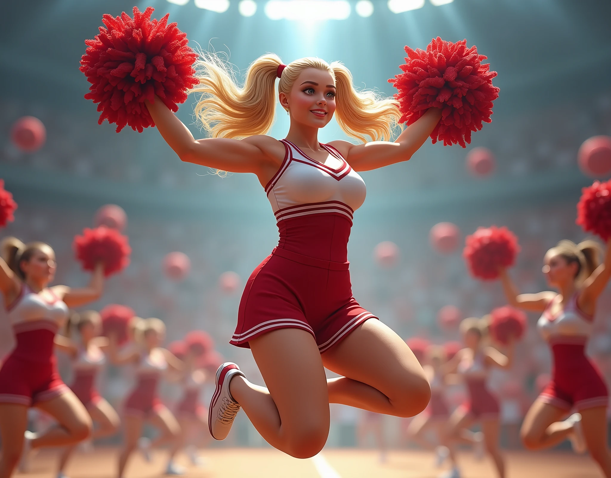 Curvy busty cheerleader, blonde twintails, cheerleader sweater uniform,  massive breasts, pom poms raised, jumping with spread legs