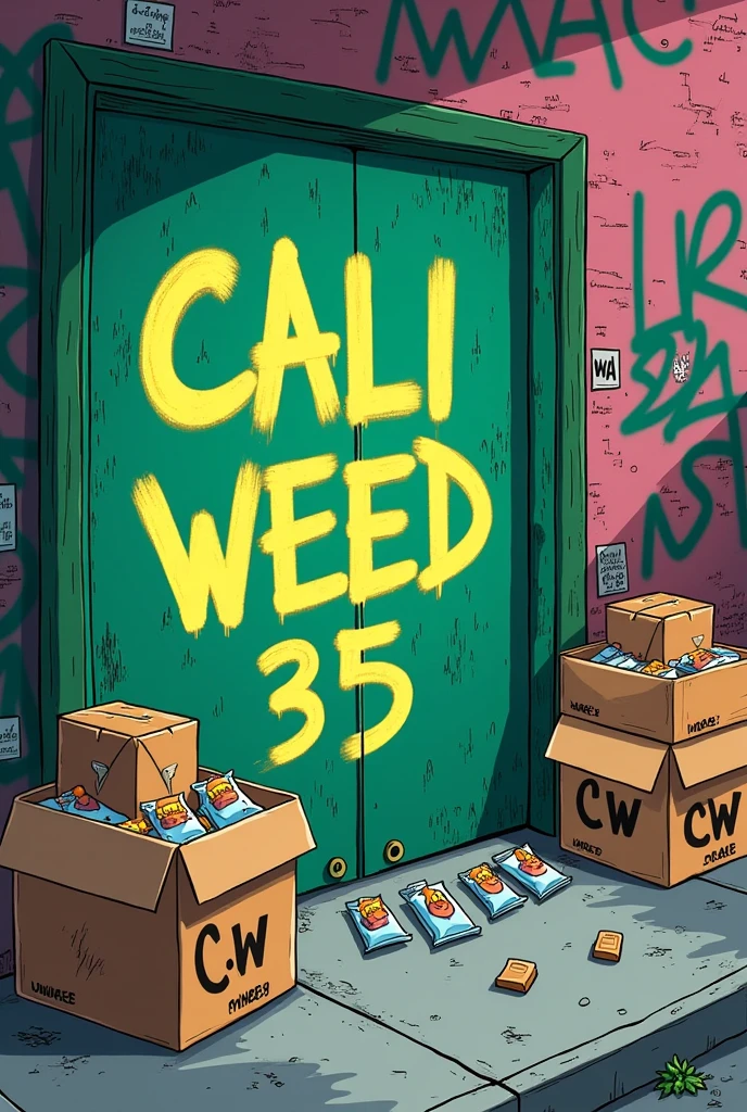 springfield avec un mur ou il y'a tagé Cali Weed35 avec avec des boites marron de weed ou il y'a ecrit C.W dessus et sur les boites marron des petits pochon transparent de canabis et des petits paquet rectangulaire marron en cartoon