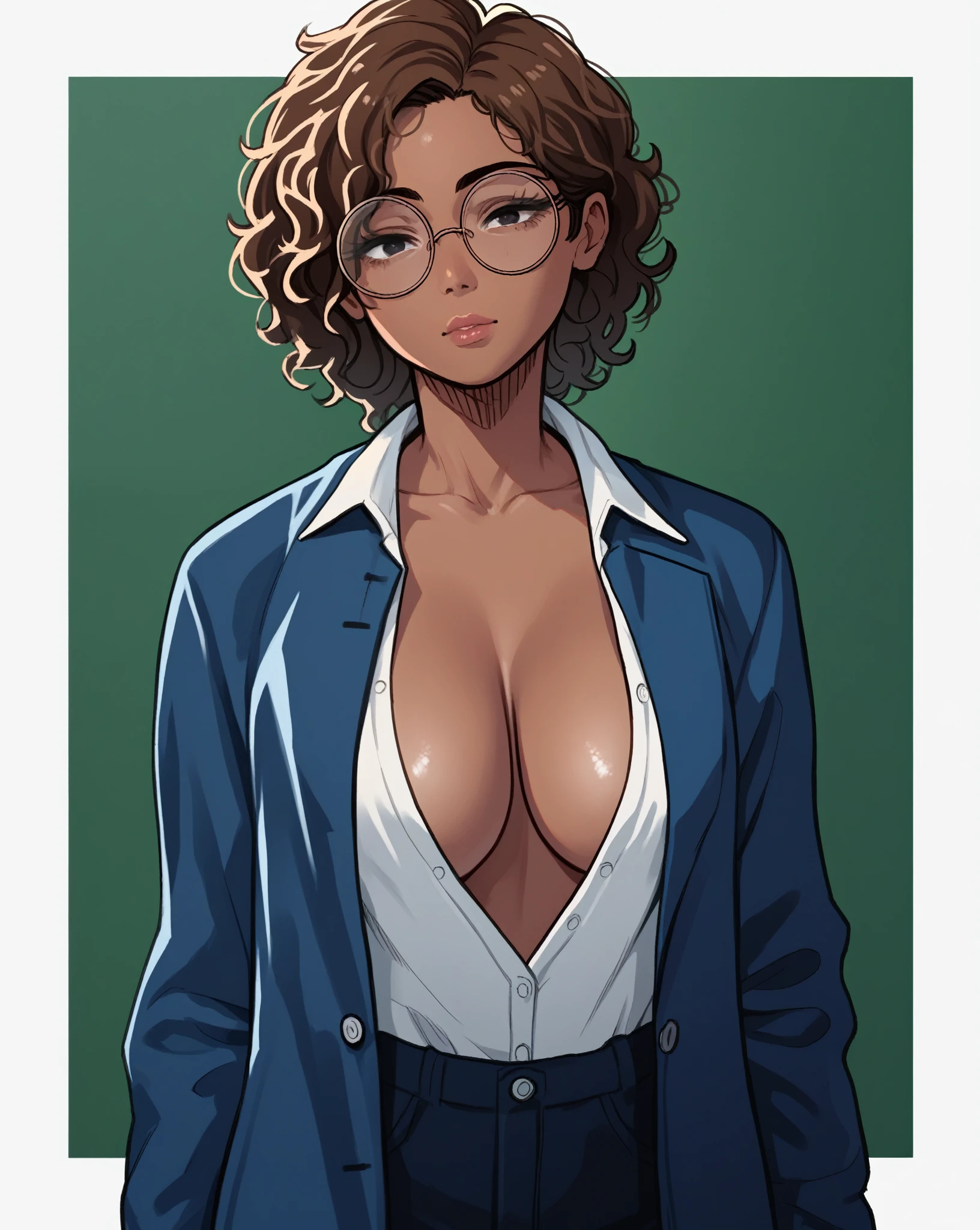 score_9, score_8_up, score_7_up, score_6_up, score_5_up, score_4_up, source_cartoon, rating_safe, by sh1r3n, 1girl, portrait, torso shot, mature, brown skin, pouty lips, detailed, big breasts, cleavage, teacher's outfit, round glasses, black eyes, curly brown hair
