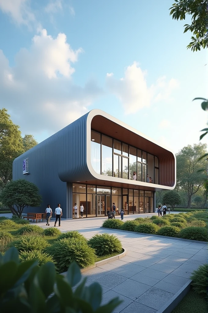 Make a school called icon international School with logo and name at one side of the building having 40 classes and three flow building and a basketball court dining hall for the and the last of us will have a chilling lunch with a nice view accommodation of 600 students and with domes which containing five students summarized in one big metal steel housing rectangular curved building way bigger in uganda very big inside add the name as icon international School and bigger