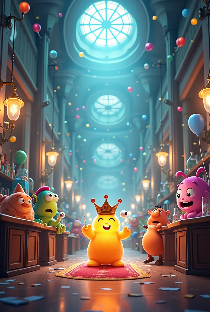 In a grand, brightly lit laboratory, a diverse group of animated characters, representing various elements from the Periodic Table, are gathered for a festive celebration. The central figure is King Hydrogen, depicted as a small, glowing character with a regal presence. Surrounding him are lively and animated scenes of different groups of elements, including the Alkali Metals, Alkaline Earth Metals, Transition Metals, Halogens, Noble Gases, and Metalloids, all interacting and showcasing their unique characteristics. The background should have a mix of scientific equipment and colorful decorations to highlight the festive atmosphere.