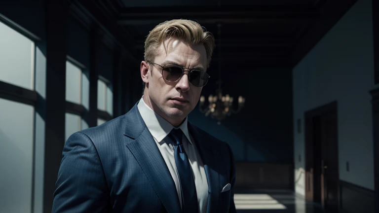 "Duke Nukem in a modern luxury hall, blue suit, dark glasses, confident pose, hyperrealistic, 8K, cinematic style"