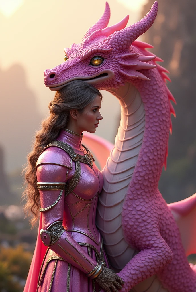 psicodelic fantasy art style image of a striking female knight clad in shimmering pink plate armor stands proudly beside her fierce dragon, its scales glistening in shades of pink. The knight’s armor is intricately detailed with elegant engravings, reflecting the soft light of dawn. Her dragon, powerful yet graceful, coils protectively around her, its eyes glowing with an intense, fiery gaze. Together, they create a stunning, unbreakable bond, embodying both beauty and strength in a fantastical landscape.