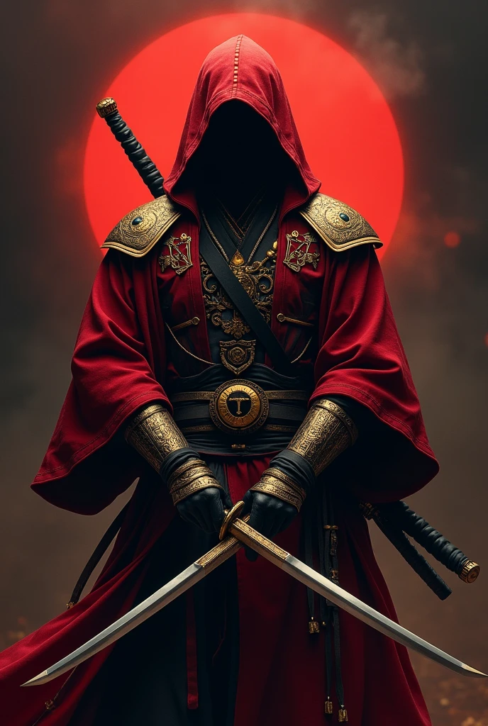 A red t-shirt and it has an image of an golden assassin holding katana