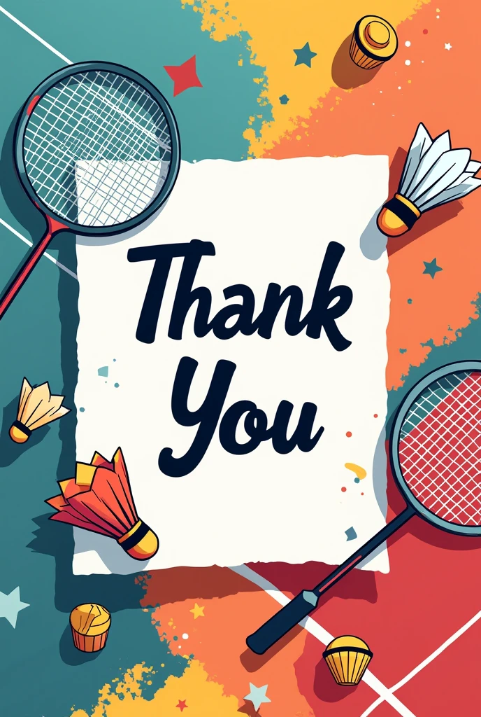 A4 sheet on On badminton theme. On its center Thank you is written. Diffrent colour