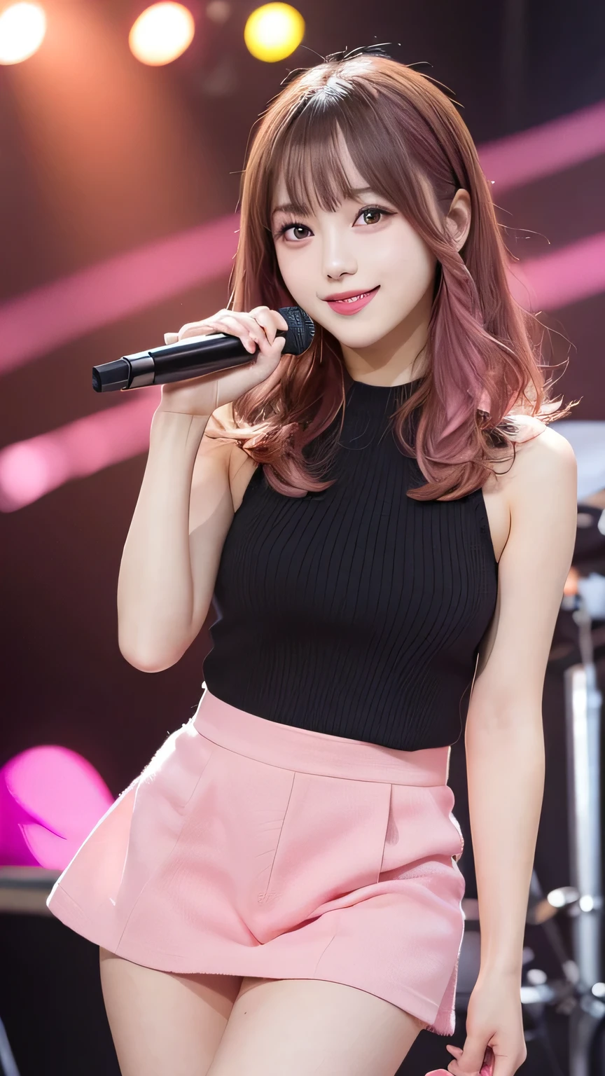 Tabletop, Highest quality, figure, Very detailed, In detail, High resolution, 8k wallpaper, Perfect dynamic composition, Beautiful attention to detail, (idol、stage)、(idolのかわいい衣装、Pink clothes 1.2),Medium Hair, Natural color lip, Random sexy poses,smile,