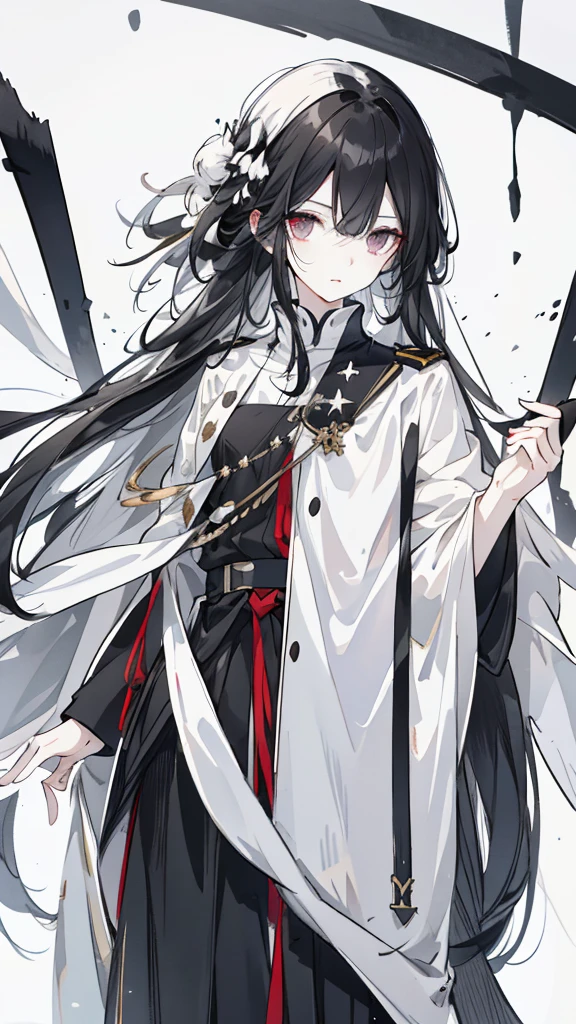 wagtail,Long black hair,Hair tips are white,Different colored eyes,The eyes are different color,The left eye is black,Right eye is silver,White military uniform with black decoration