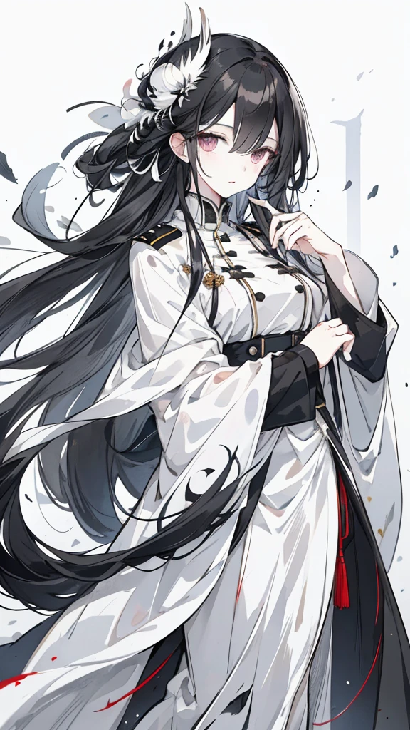 wagtail，Long black hair，Hair tips are white，Different colored eyes，The eyes are different color，The left eye is black，Right eye is silver，White military uniform with black decoration