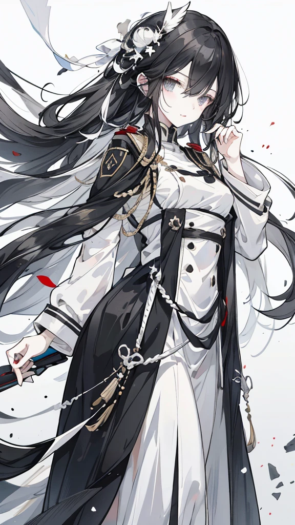 wagtail,Long black hair,Hair tips are white,Different colored eyes,The eyes are different color,The left eye is black,Right eye is silver,White military uniform with black decoration