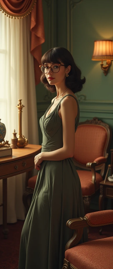 1940s colour traditional sophisticated graceful stunning alluring model trophy wife female with formal dress , bangs hairstyle with formal posture very exquisite quaint elegant with glasses in her 1940s house