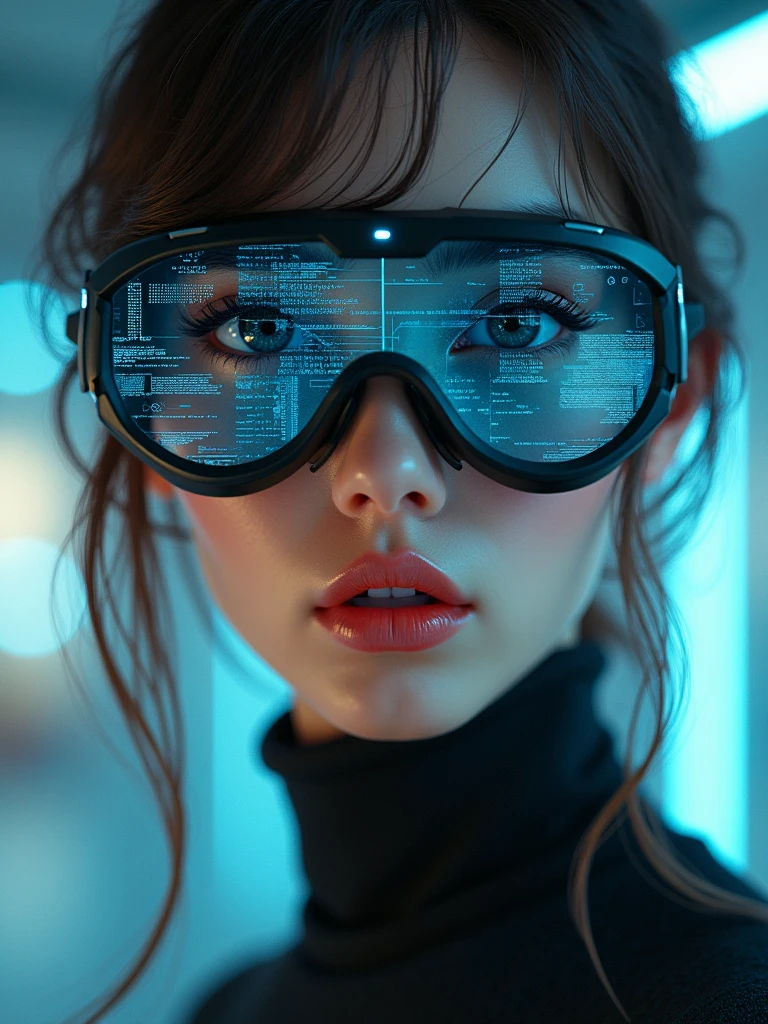 A beautiful woman with attention to detail., exhausting (futuristic cyber glasses) with data displayed, (((Text: "PIVARTS")) | standing and looking at the camera, With a close-up of her detailed face and glossy lips., In a realistic art style with a cinematic experience., High resolution and 3D effect. ((more detail, IMPROVED, pokl)).
