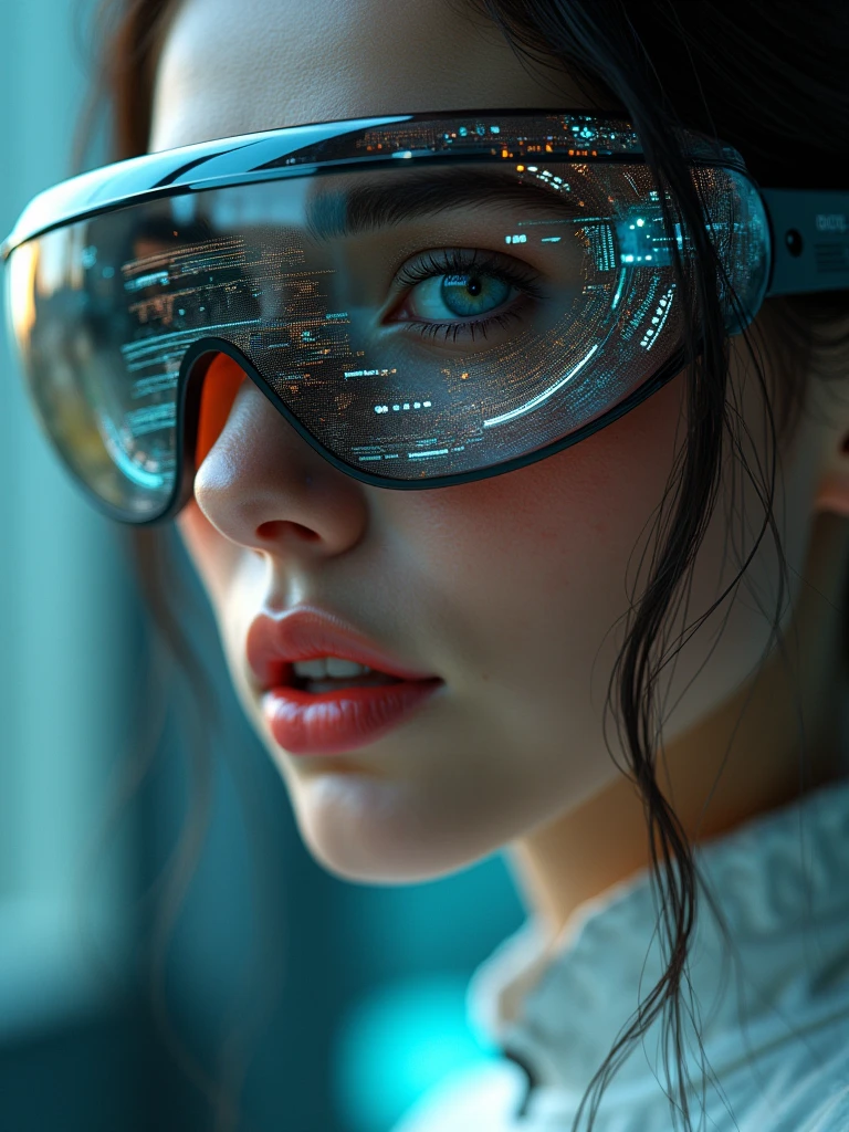 A beautiful woman with attention to detail., exhausting (futuristic cyber glasses) with data displayed, (((Text: "PIVARTS")) | standing and looking at the camera, With a close-up of her detailed face and glossy lips., In a realistic art style with a cinematic experience., High resolution and 3D effect. ((more detail, IMPROVED, pokl)).