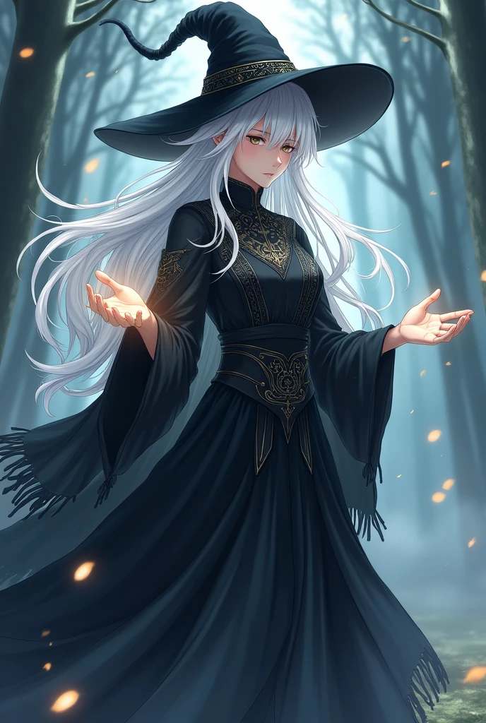 white haired magician, black gown, black hat and has the power to heal, anime version, healing others