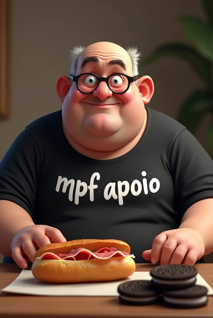 white male, baldie, fatter, cheeky, wrinkled face, Large belly, with glasses, eating baguette bread with ham with several Oreo cookies on a table, wearing a black shirt with the exact word written on it "MPF APPOIO" .