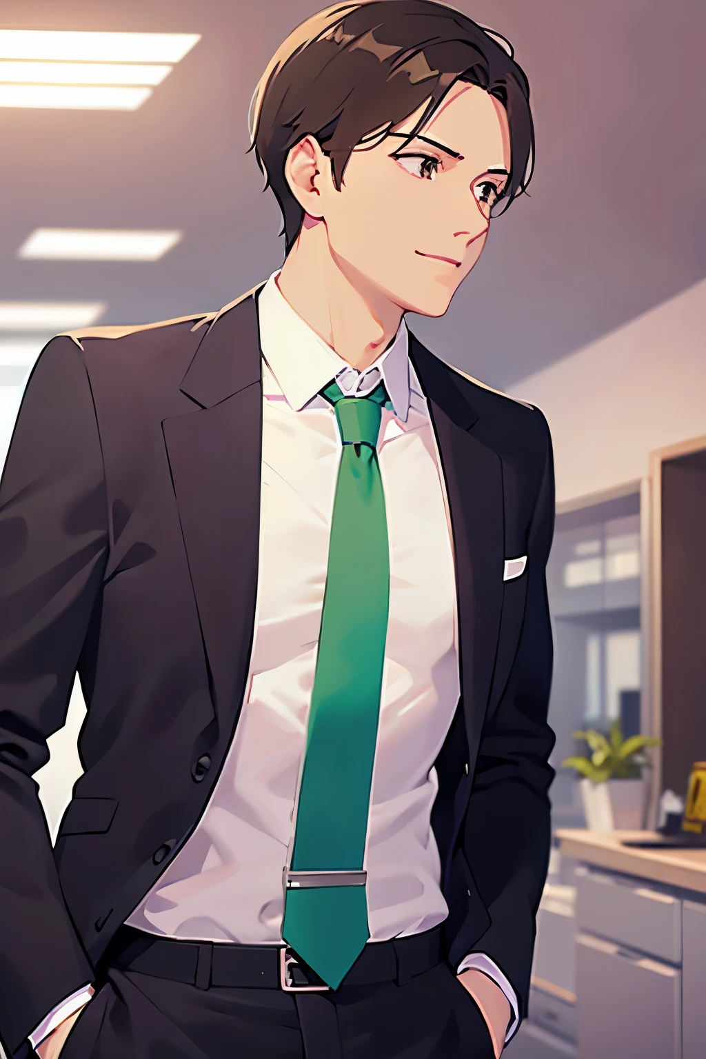 side angle, (looking away:1.5),upper body、shiny skin、masterpiece、Highest quality、BREAKld male:1.5) and (Brown short hair) and (Green Eyes)BREAK、 BREAK (Wearing a suit:1.5) and (Green tie：1.5)BREAK、 (smile:1.3),open mouth,Are standing、The background is the office、(alone:1.5)、Upper body is shown、
