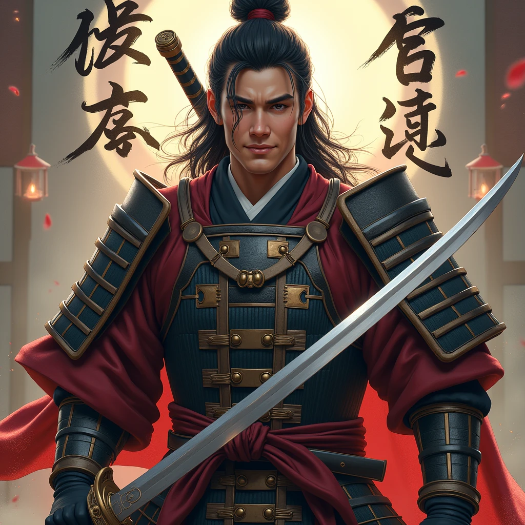 image of a Samurai, with black and red armor, holding a sword, a Japanese temple in the background, at night, fighting position
