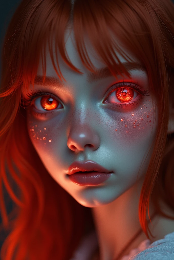 1girl, star eye, blush, perfect illumination, red hair, red eyes, unreal engine, sidelighting, detailed face, bangs, bright skin, simple background, dark background