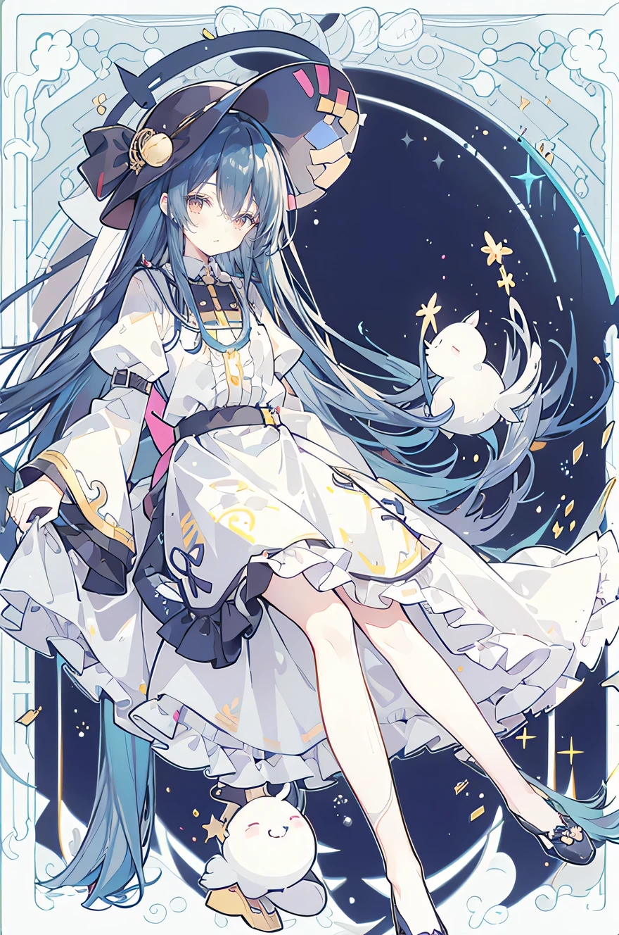 oung Girls,Humanity,A magician always smiles,big witch hat,cute,dark blue long hair,The eyes are dull,The bangs are heavy,Thin eyebrows,fantasy,intake,Double teeth,Star Theme,Constellation pattern,Solid color clothetal decoration,cloak,A bit of a dark atmosphere,A little crazy smile,When the big moon shines outside at night,blood,Hair black star embellishment,Short tie,No nails,High waist skirt,Bell sleeves,Long-sleeved shirt,Black tie,low risk,gentlemen。Mist、Yellow and white effect,Shocking pink as an accent color
