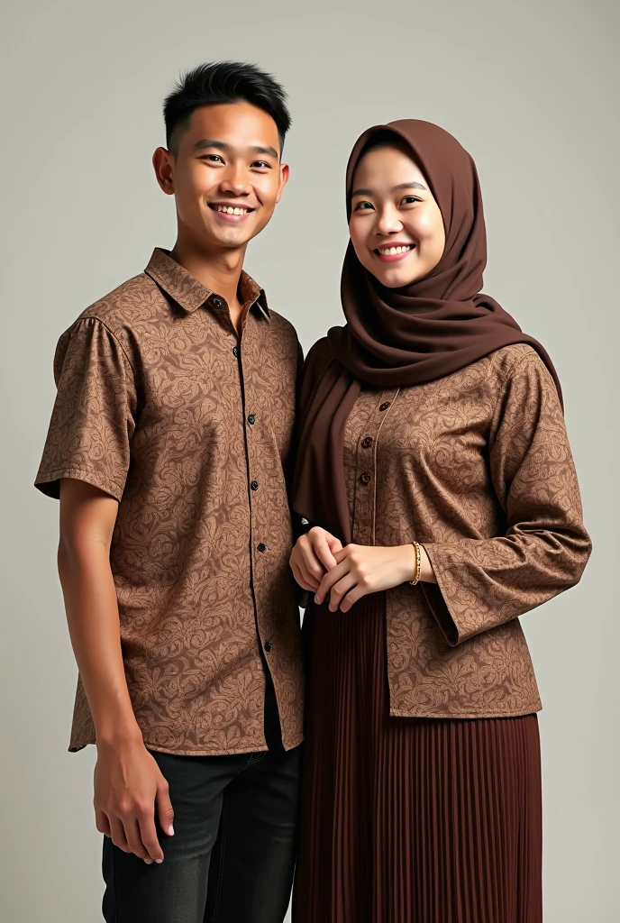 (photorealism ,19 year old Indonesian man with small and thin body (short) haircut (short slicked back) wearing batik and black jeans ,with a 1 woman wearing a brown hijab with a batik kebaya and a pleated batik skirt ,both of them face forward with a smile ,background studio