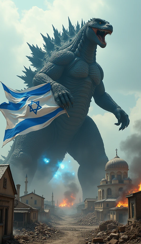 Create a realistic photo of a giant Godzilla, carrying an Israeli flag, destroying Palestinian cities, attacking mosques, attacks humans, with bursts of blue fire