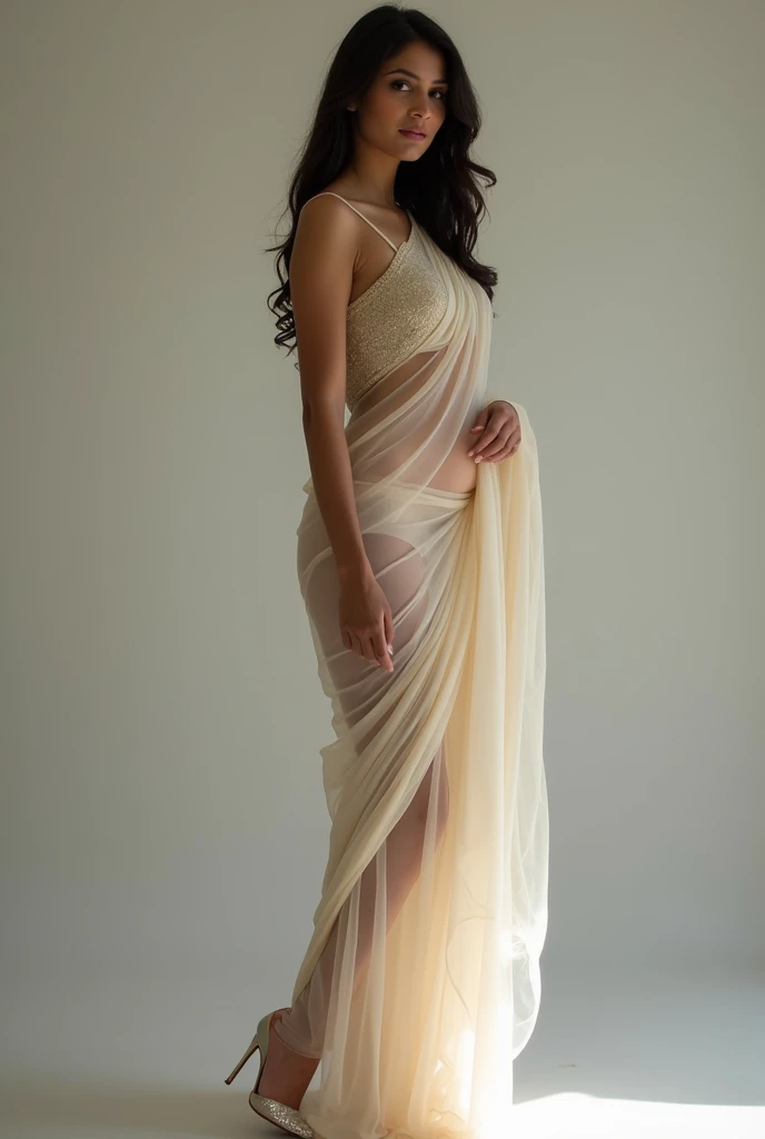 Indian woman wearing transparent saree, sleeve less blouse, hip and navel show, beautiful full size images, beautiful buttocks pocus side poses, perfect slim body, beautiful, high heels , beautiful.