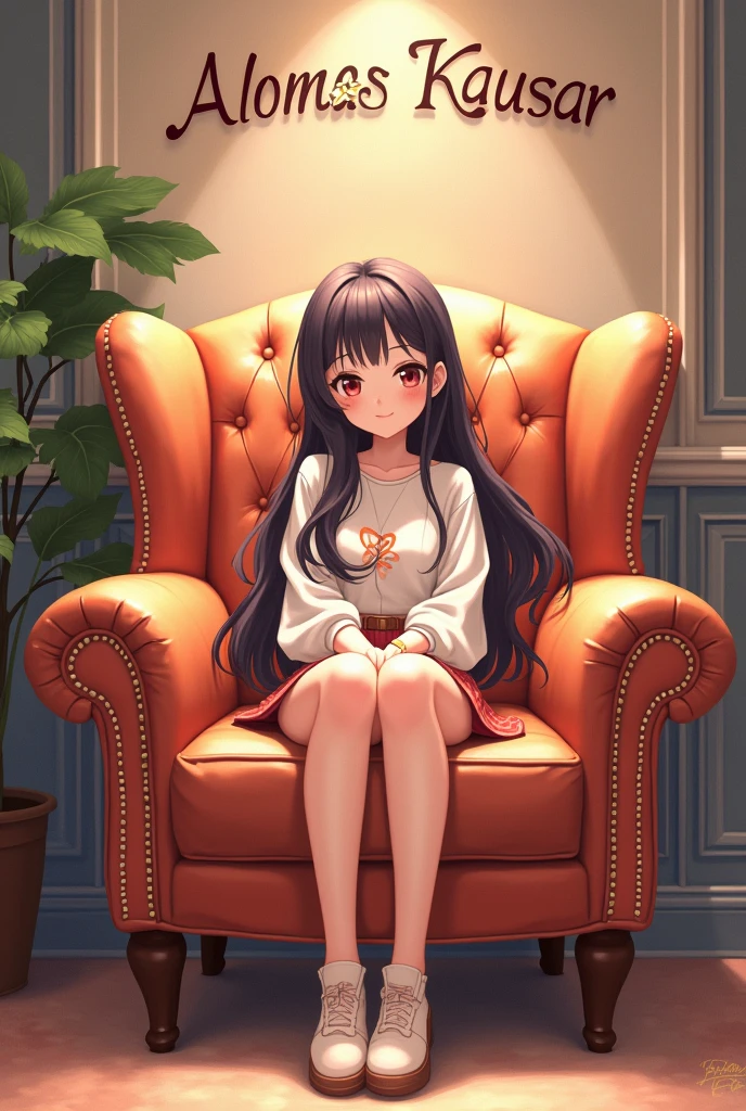 A cute anime 26 year girl sitting in a big chair and behind the wall written "Almas Kausar"