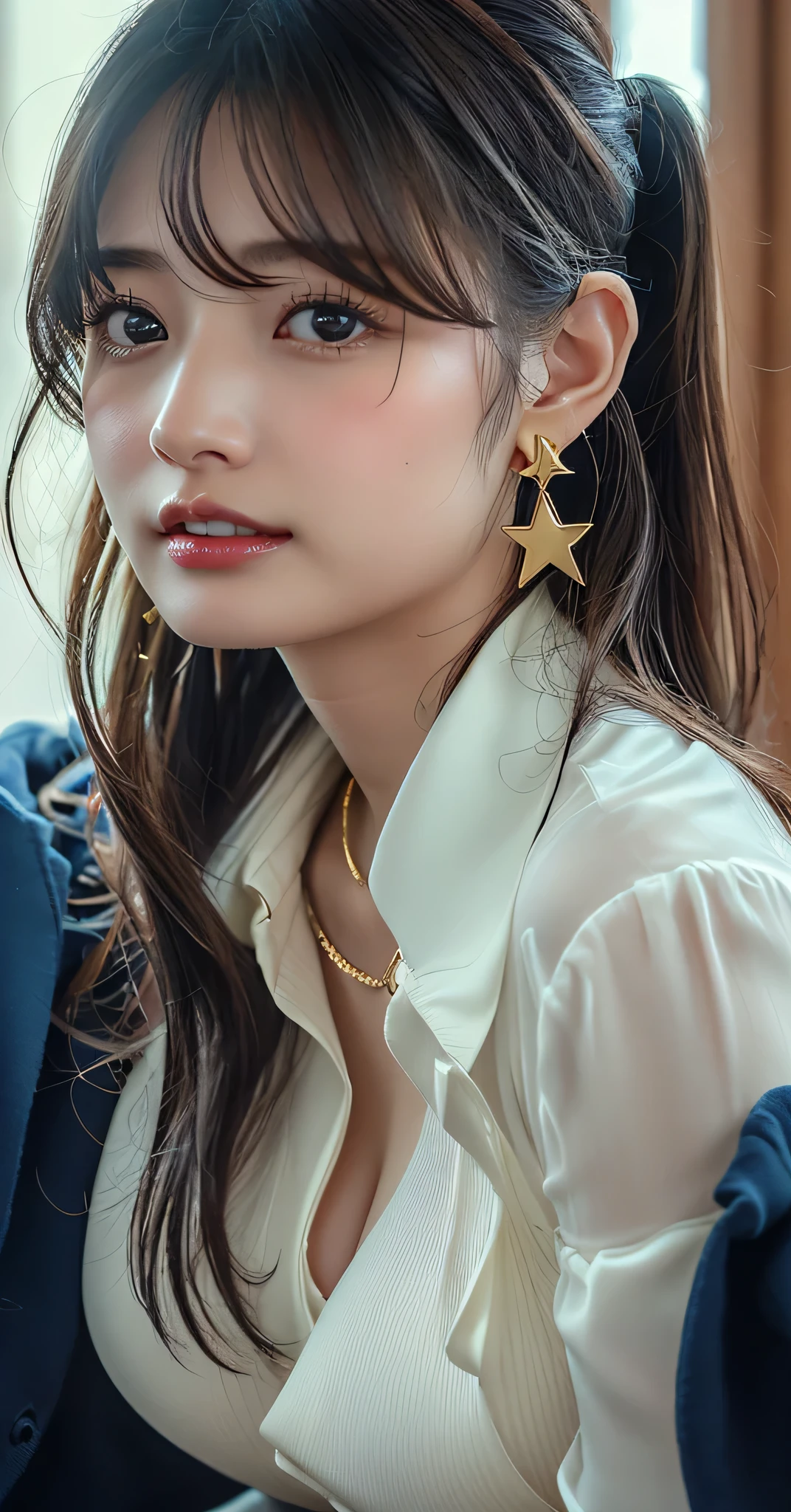 (8k,RAW Photos,Like the picture:1.45),masterpiece,Highest quality,wonderful,(セクシーなMature Woman:1),(Mature Woman:1.3), (2 woman.1.3)、(((very, very大きい)))、(((Extremely lewd and very huge boobs)))、(((Very deep cleavage)))、Hyper Real、In a private compartment on an express train、A beautiful and dignified smile、Beautiful white skin、Beautiful, delicate and precise skin texture、With long, fluffy, beautiful brown hair(ponytail:1.0)、Beautiful Japanese Women、(Big Ass)、Thick thighs、Bright red lips、Gold small star shaped earrings、Gold bracelet、Gold Necklace、{Dark royal blue suit((White blouse))},