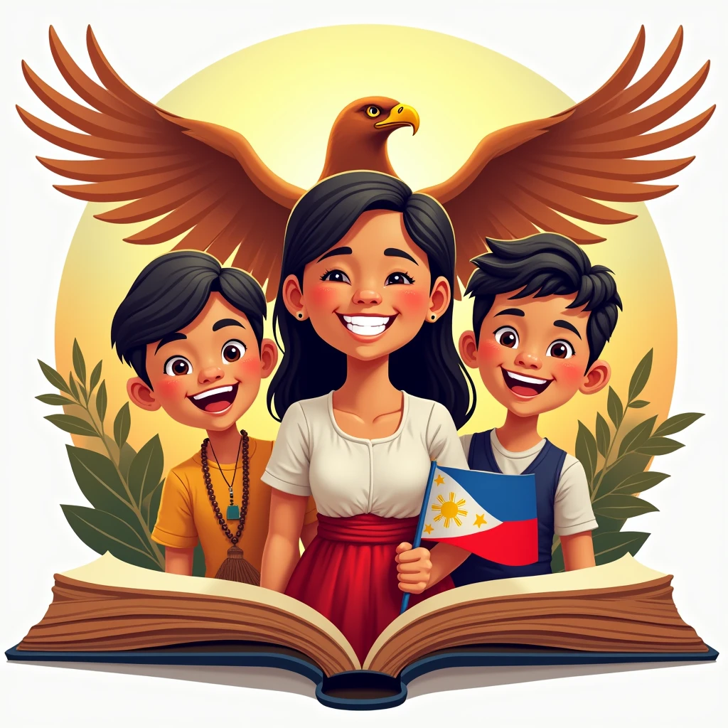 Create a traditional and modern logo for Buwan ng Wika (National Language Month) featuring three people smiling with bright teeth, brown skin tone, (half body) standing close together popping from a book in the BACKGROUND, NATURE BACKGROUND, wearing traditional Filipino attire, and a philippine eagle in the back spreading out its wings. The central figure, a girl IN THE MIDDLE holding the Philippine flag in a traditional Filipino dress consisting of a dirty white blouse (Baro) and a red skirt (Saya). The two accompanying figures, one boy in a barong tagalog and the other one boy dark skin in tribal attire, overall 3. Use the colors of the Philippine flag and any other colors that represent the topic. The composition should be in a fish point of view. (warm tone) (golden hour) (close up of the face), vibrant colors.