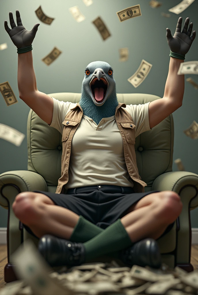 ((Highest quality)), ((masterpiece)), (photograph), (front), (Short sleeve:1.8), (Crossing one's limbs), (Bills flying everywhere),((A wave of bills in the room)), A grey female pigeon with her mouth wide open is wearing an off-white collared short-sleeved shirt, a light brown vest, a knee-length black skirt, dark green socks and black shoes.、She is sitting cross-legged in a plush chair with her arms spread above her head、Surrounded by a lot of money, bills flying around, ((A stack of bills that covered the lower half of the body)), Muscular grey female pigeon、photographのようなリアルな画像。