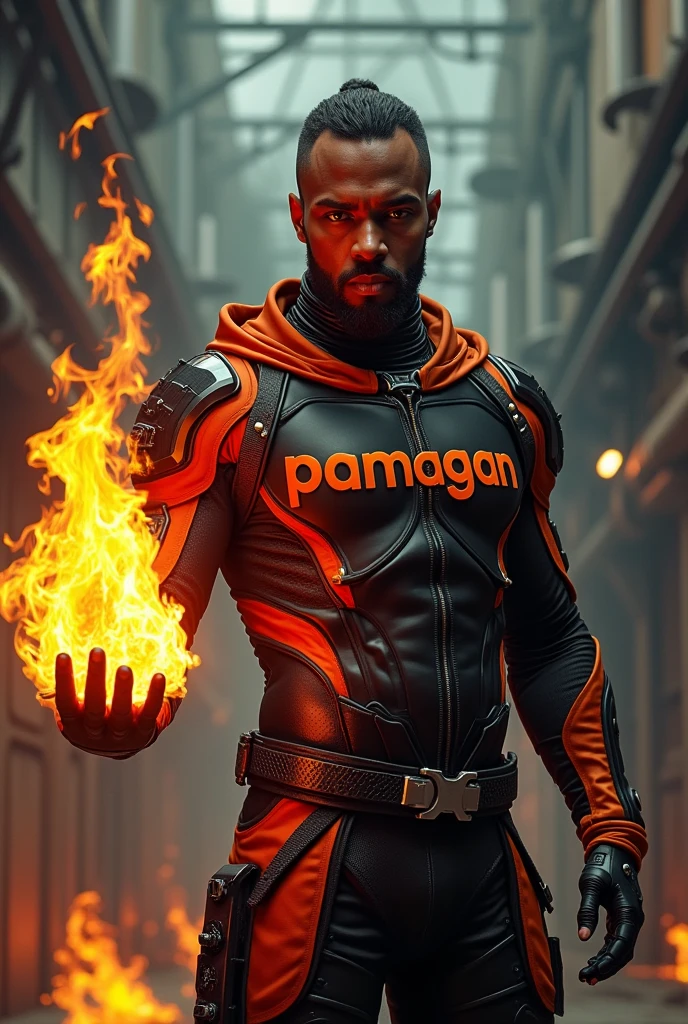 Generate a Man holding his power a fire in right hand.
Outfit: black, orange and red cybordpuck with clear and not hidden print "PAMAGAN".