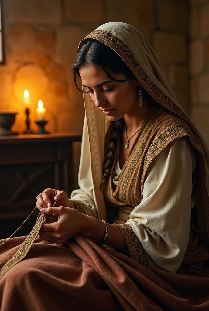 Generate a high-quality image of a woman sewing clothes, a striking image in biblical times