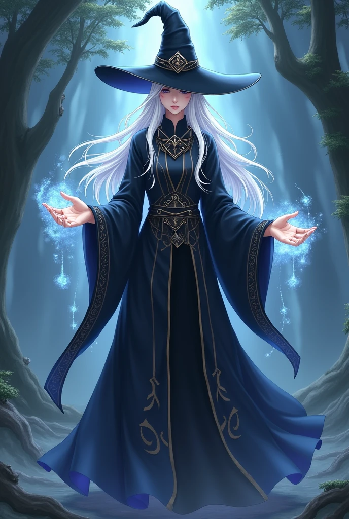 white haired magician, black gown, black hat and has the power to heal, anime version, healing others