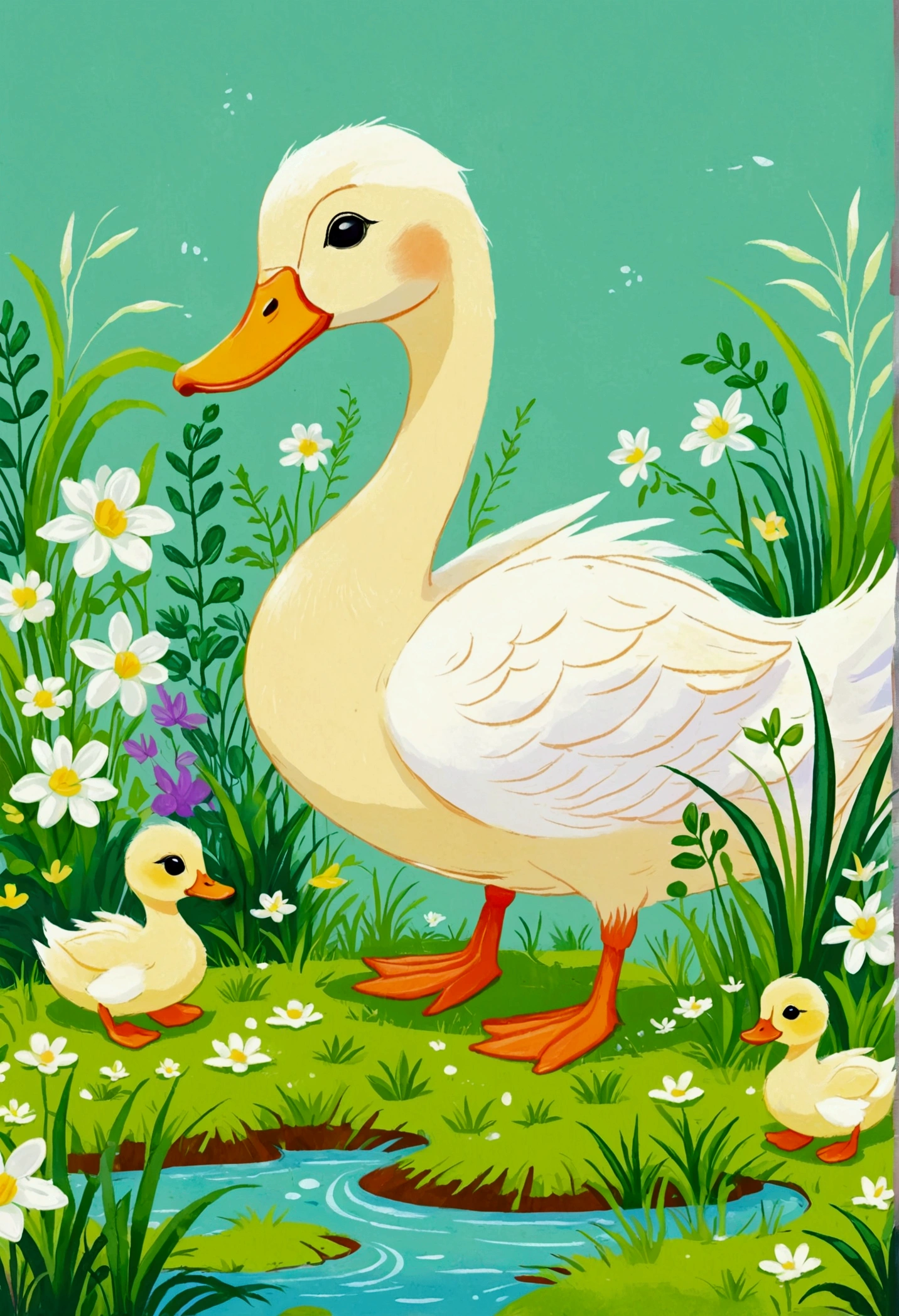 Illustration of a little duck with a green patch of grass and plants, Digital Art by Relja Penezic, shutter, Furry Art, ducks and plants, Swan Design, Illustration of a duckling, Drawn in a whimsical style, Colorfull illustration, Cute illustrations,