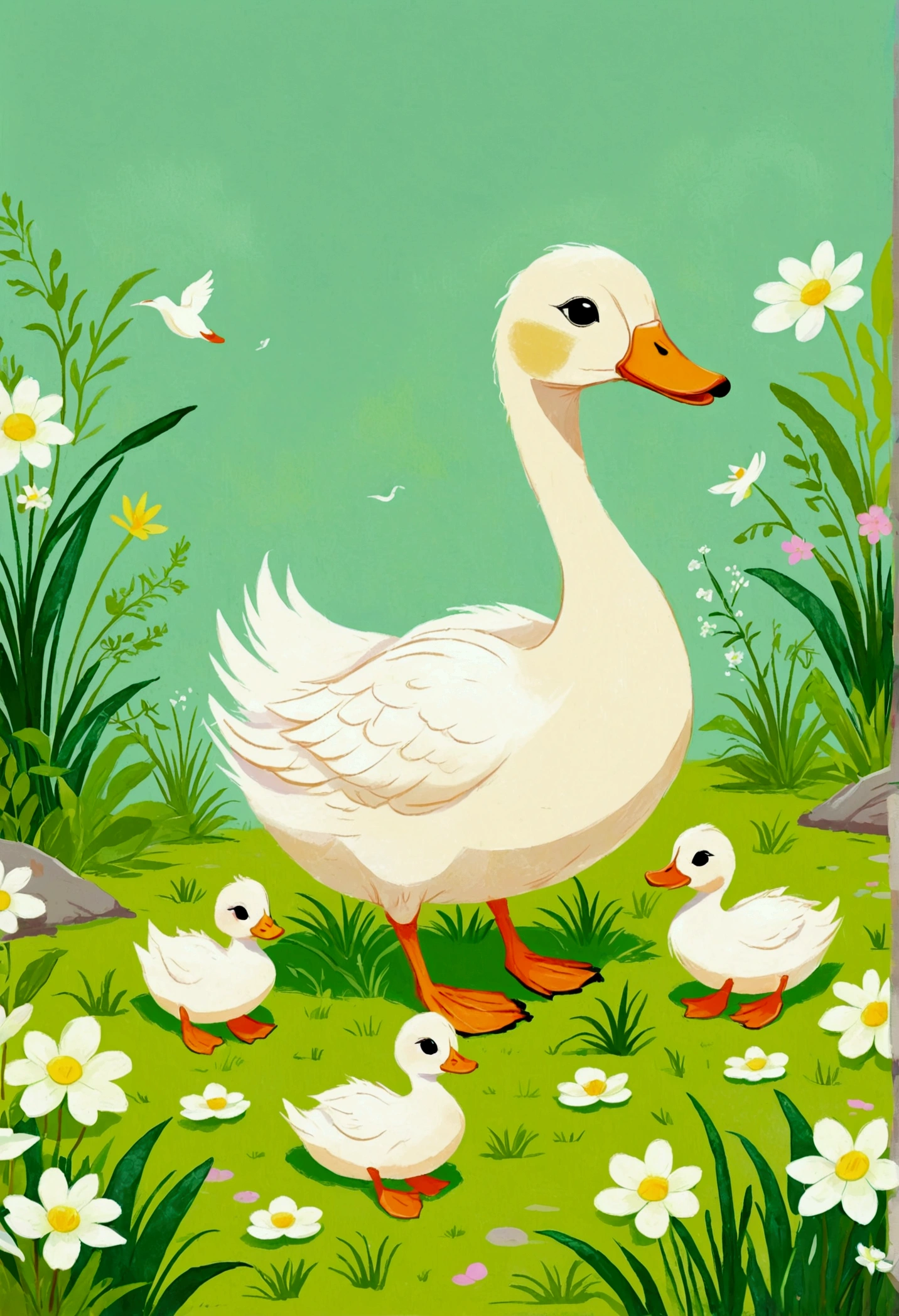 Illustration of a little duck with a green patch of grass and plants, Digital Art by Relja Penezic, shutter, Furry Art, ducks and plants, Swan Design, Illustration of a duckling, Drawn in a whimsical style, Colorfull illustration, Cute illustrations,