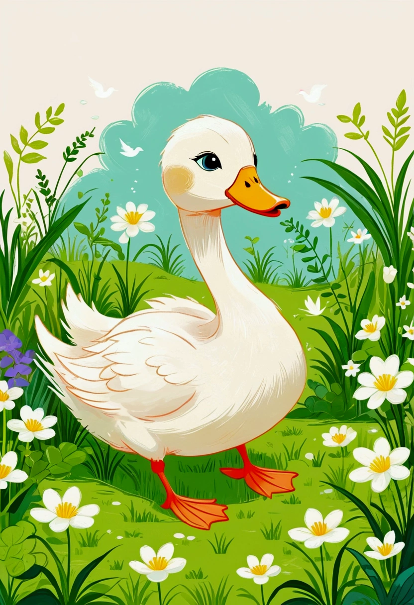 Illustration of a little duck with a green patch of grass and plants, Digital Art by Relja Penezic, shutter, Furry Art, ducks and plants, Swan Design, Illustration of a duckling, Drawn in a whimsical style, Colorfull illustration, Cute illustrations,