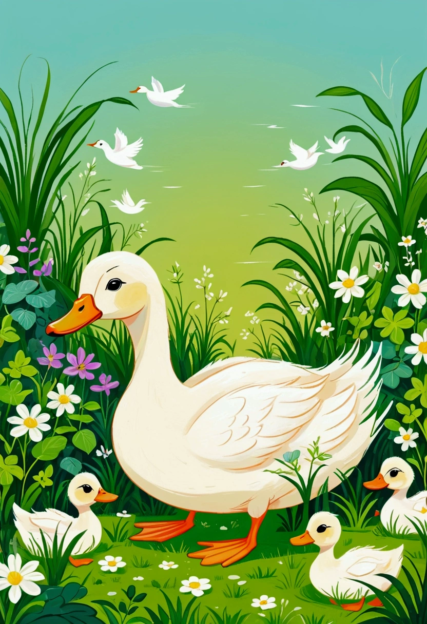 Illustration of a little duck with a green patch of grass and plants, Digital Art by Relja Penezic, shutter, Furry Art, ducks and plants, Swan Design, Illustration of a duckling, Drawn in a whimsical style, Colorfull illustration, Cute illustrations,
