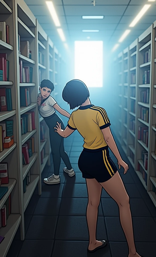 Girl with almost short hair wearing a yellow short-sleeved uniform shirt with black stripes on the shoulders and black mini shorts with yellow stripes on the sides and made of synthetic material and her books fall and she bends down to pick them up and she looks good with a big ass and sexy and a boy looks at her sexily and comes and squeezes her butt in a Peruvian high school