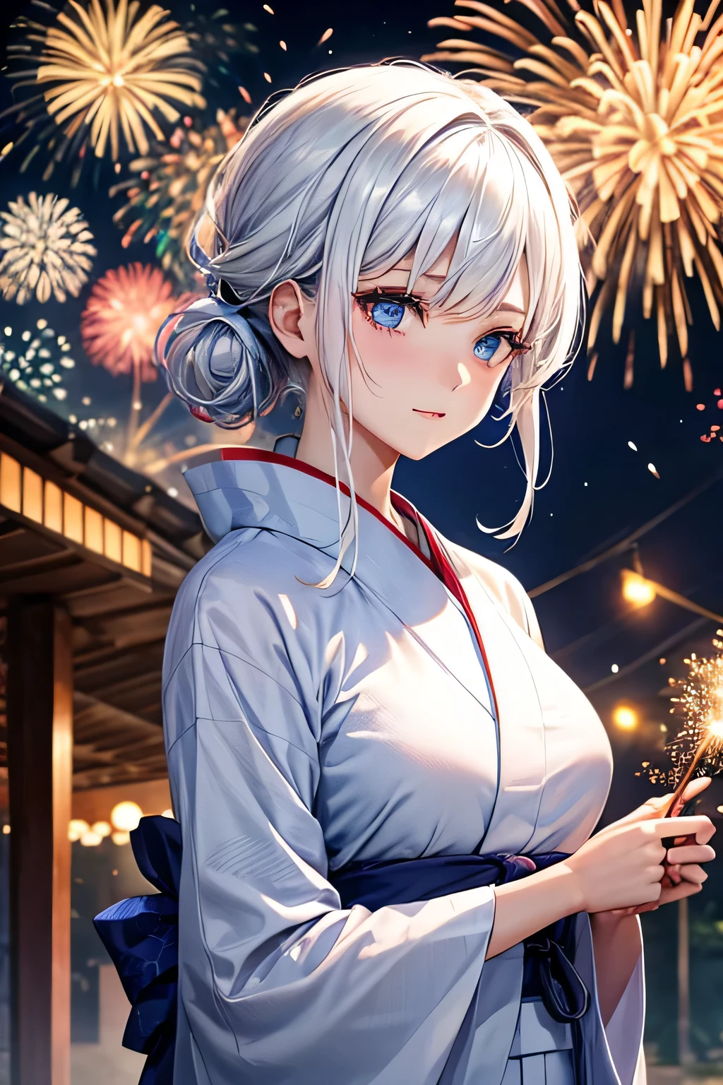 Woman, white hair, blue eyes, yukata, fireworks