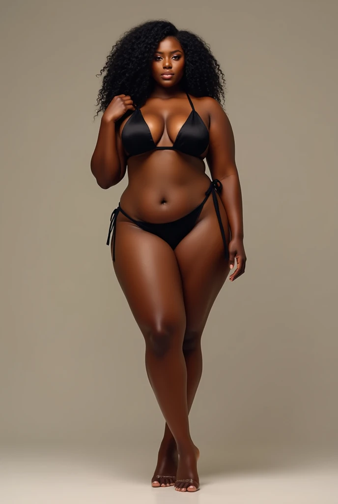Slim black woman in bikini showing her oversized symmetrical and sensual sex