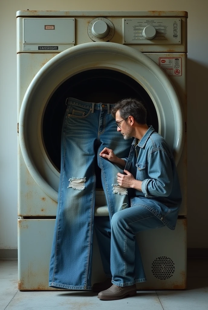 Generate a pic on a man keeping a old jeans in big box which is in the size of washing machine