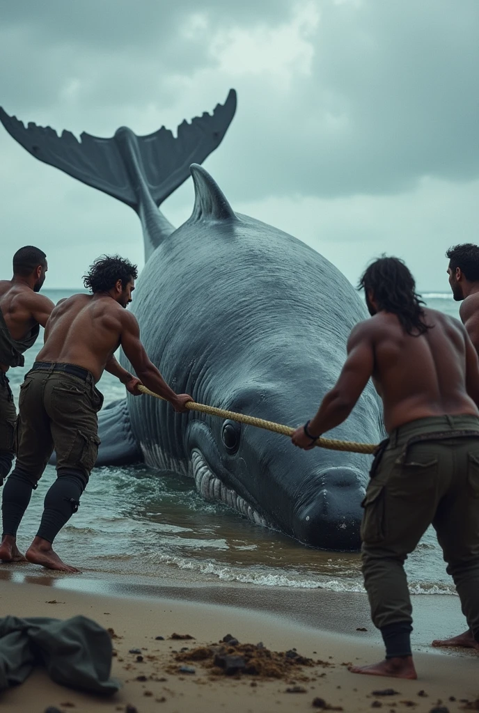 Image of people using a rope to pull a whale