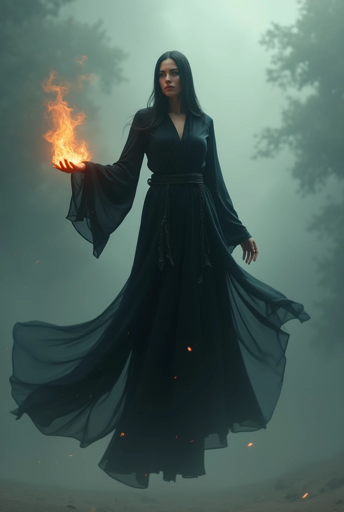 Creat a image of a woman who has flying in the air having fire in her hand and she wear black with hidden face