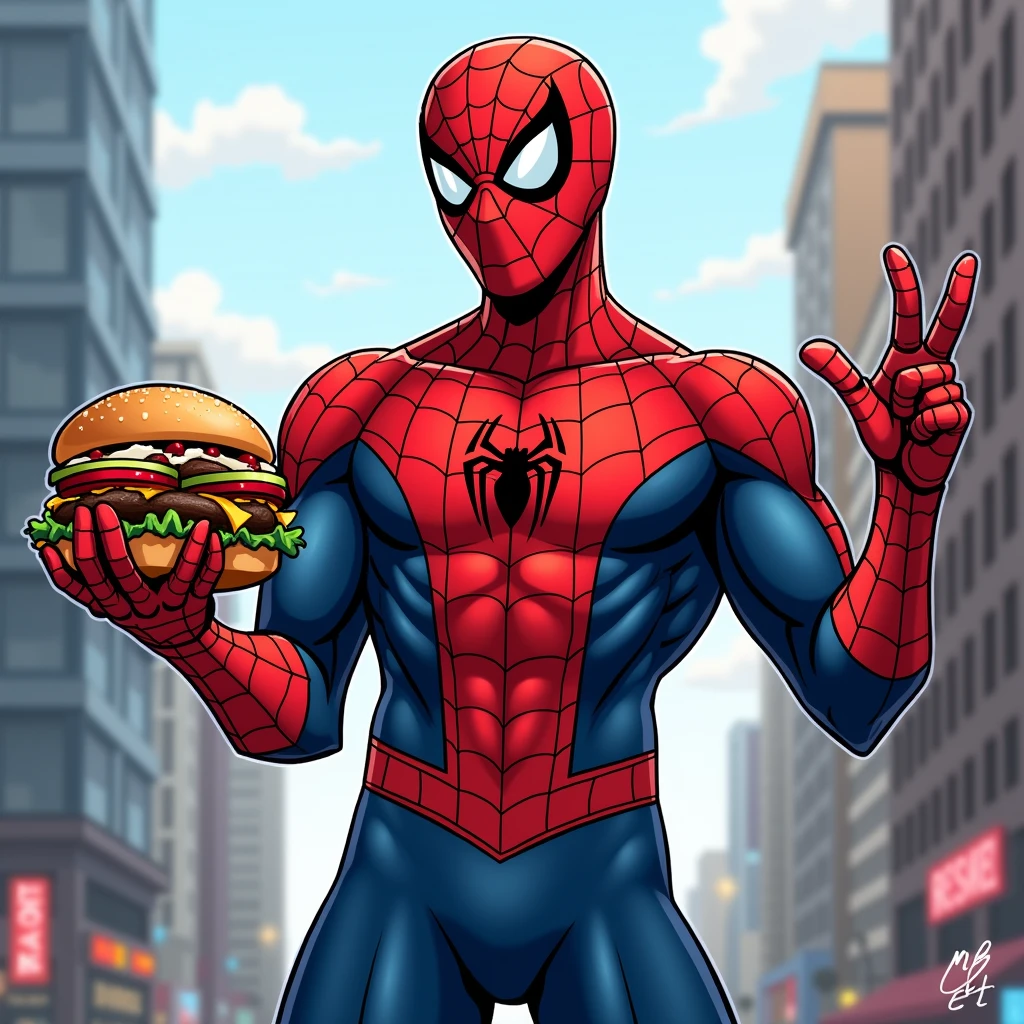 The spider man, marvel superhero, holding a hamburger